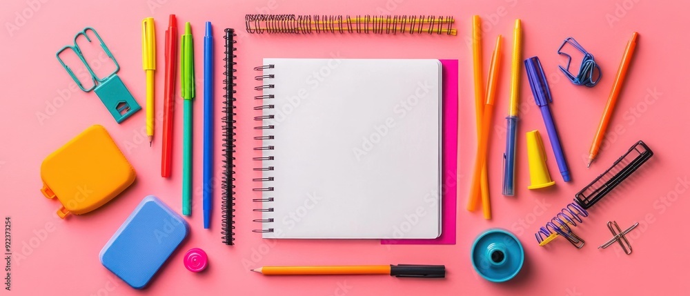 Blank Notebook Surrounded by Colorful Stationery on a Pink Background Blank Notebook Surrounded by Colorful Stationery on a Pink Background