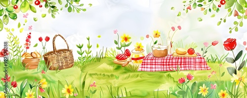 A Watercolor Picnic Scene with Basket, Blanket, and Flowers photo