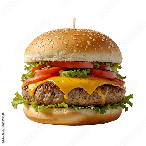 Close up of a delicious cheeseburger featuring a juicy beef patty, fresh lettuce, ripe tomato slices, and melted cheese, all served on a sesame seed bun The burger is isolated on a white background