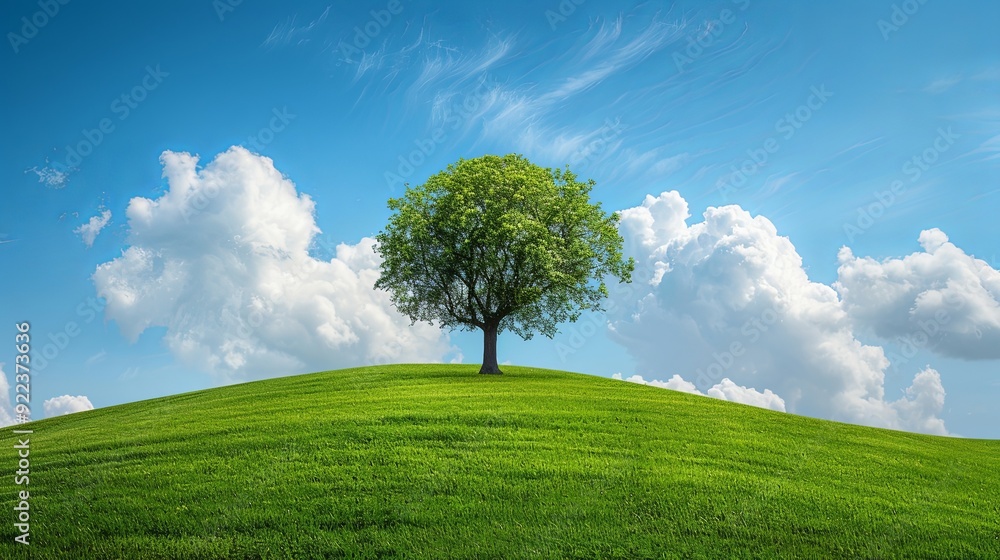 Fototapeta premium A lone lime tree on a rolling green hillside under a crystal-clear sky with billowing clouds, representing tranquility and solitude.