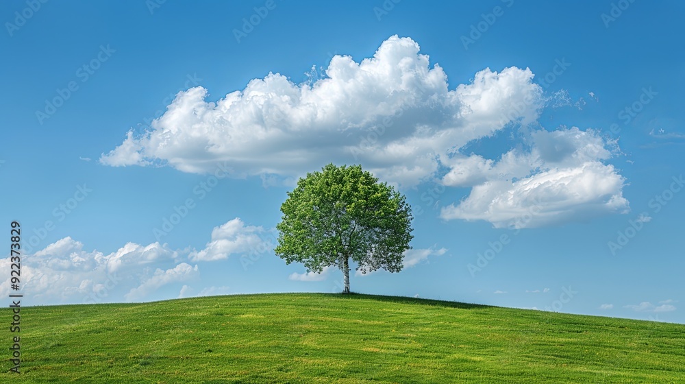 Fototapeta premium A solitary aspen tree stands on a verdant slope under a calm blue sky with soft, fluffy clouds, representing tranquility and isolation.