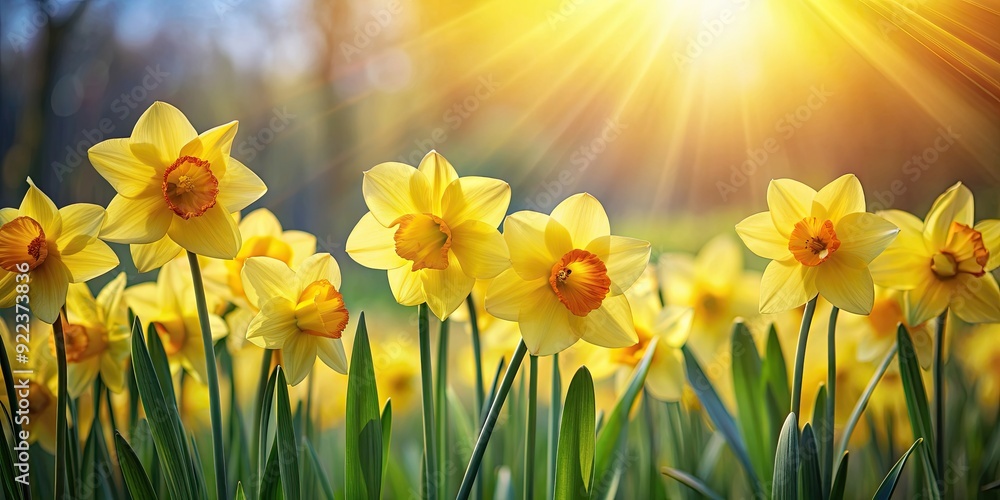 Fototapeta premium Bright yellow daffodils glowing in the spring sunlight , spring, flowers, nature, sunlight, backlit, daffodils, yellow, bloom