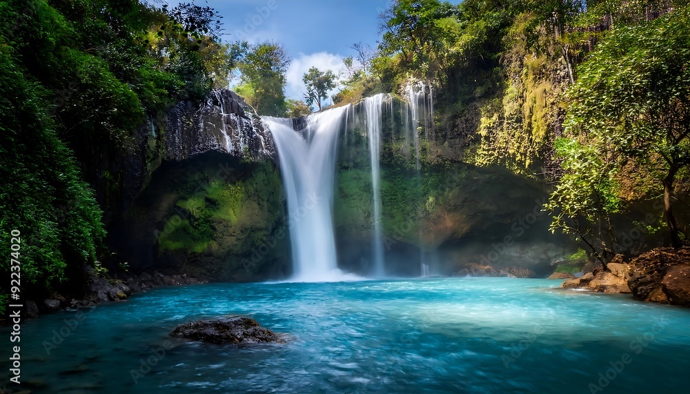 A scenic waterfall in Yosemite and Plitvice National Park with lush greenery, rocks, and a tranquil stream A scenic waterfall in Yosemite and Plitvice National Park with lush greenery, rocks, and a tranquil stream