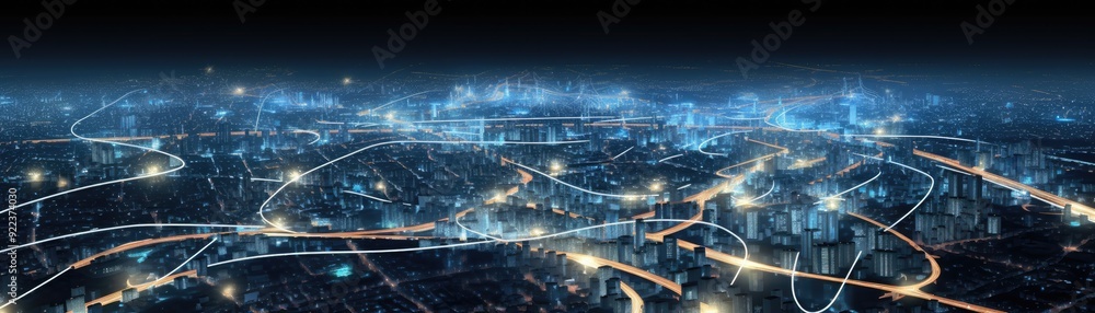 A digital city map with AI-powered traffic management, showing optimized routes with glowing paths A digital city map with AI-powered traffic management, showing optimized routes with glowing paths