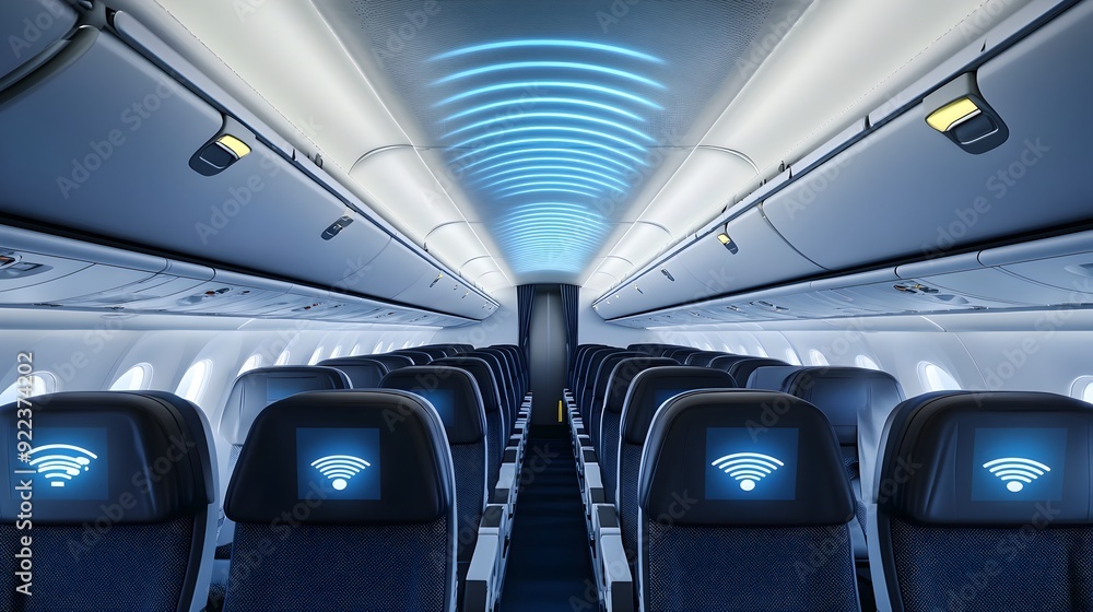 Fototapeta premium Digital Wi-Fi Connectivity Indicators in Airplane Cabin Showcasing Modern Travel Amenities