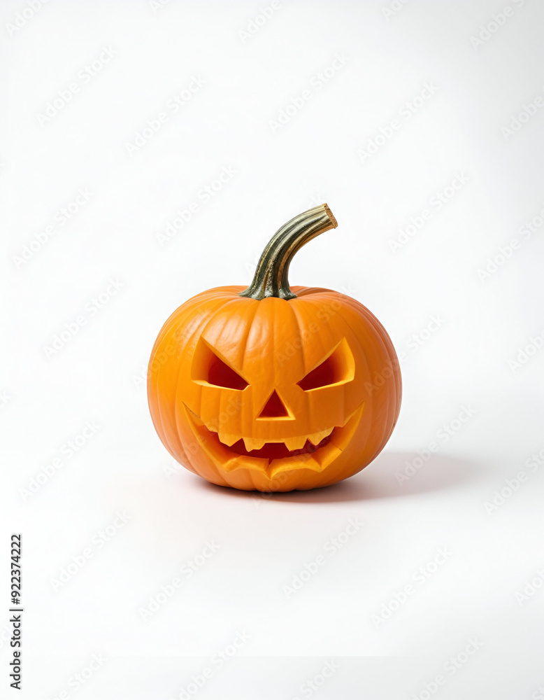 An orange jack-o'-lantern pumpkin with a carved smiling face, on a plain white background An orange jack-o'-lantern pumpkin with a carved smiling face, on a plain white background