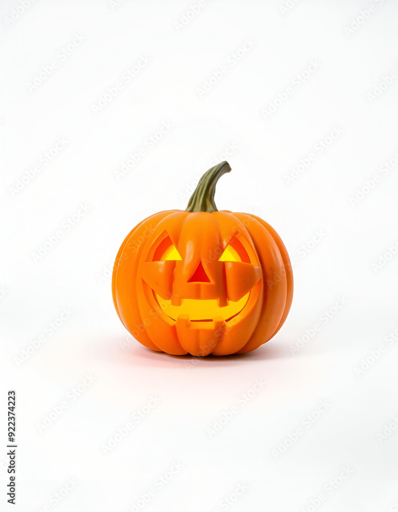 An orange jack-o'-lantern pumpkin with a carved smiling face, on a plain white background An orange jack-o'-lantern pumpkin with a carved smiling face, on a plain white background