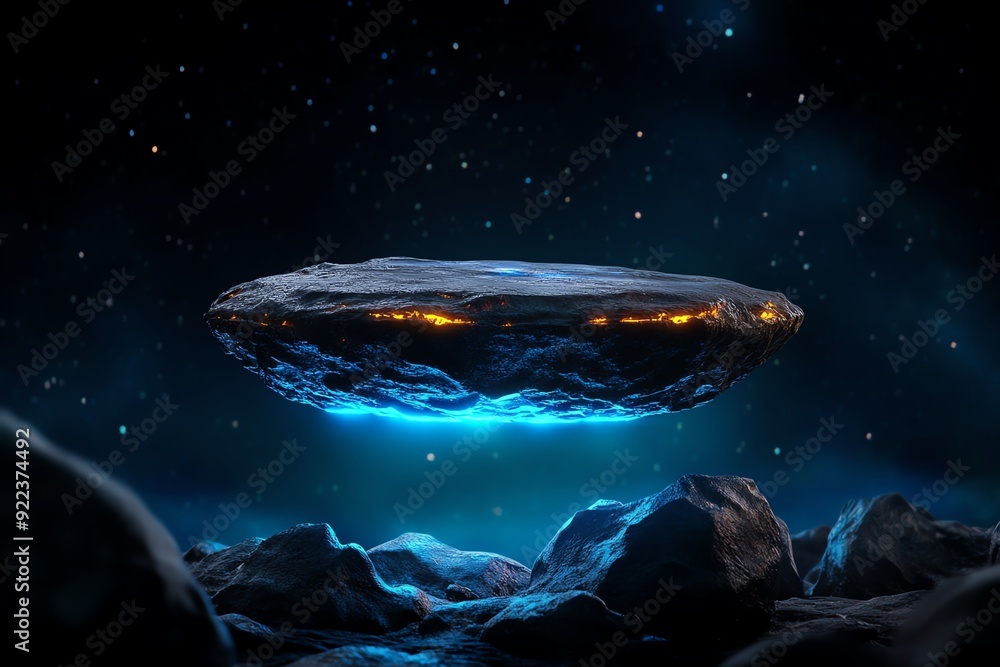 Mysterious floating rock illuminated by blue light in a dark, starry night sky, evoking an otherworldly and surreal atmosphere. Mysterious floating rock illuminated by blue light in a dark, starry night sky, evoking an otherworldly and surreal atmosphere.