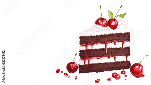A slice of chocolate cake with whipped cream and cherries, isolated on a white background.  The cake is decorated with red cherries and has a white background.