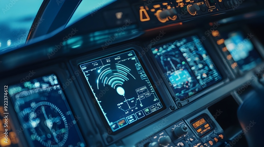 Airplane Cockpit Display Showing Wireless Connectivity in Aviation Technology Airplane Cockpit Display Showing Wireless Connectivity in Aviation Technology
