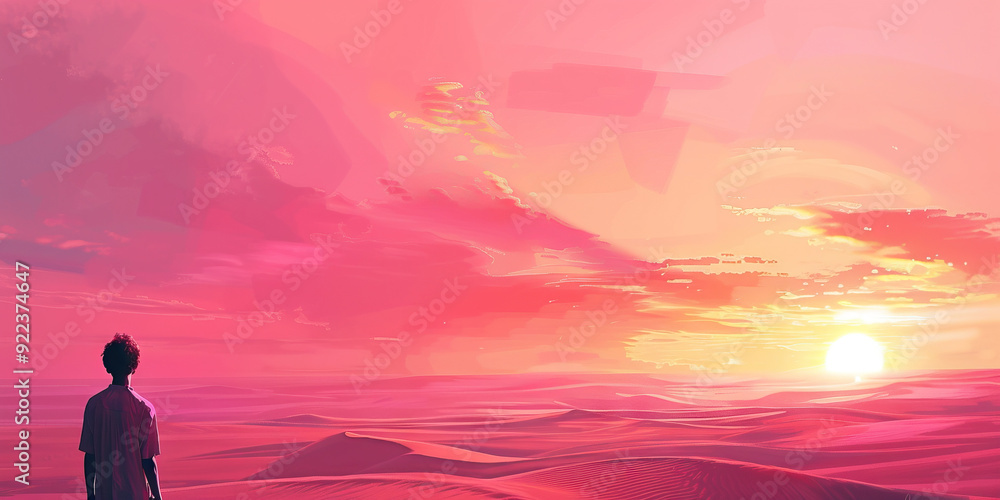 A traveler pauses to admire the ethereal beauty of a pink desert sunset, the sky painted with the softest shades of rose and peach. A traveler pauses to admire the ethereal beauty of a pink desert sunset, the sky painted with the softest shades of rose and peach.