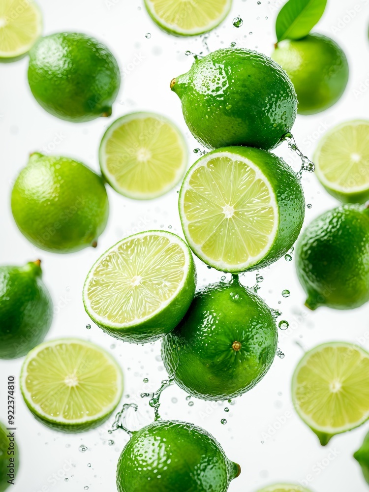 Close up of vibrant limes and lime slices with water splashes and fresh green leaves The image captures the refreshing and juicy texture of the fruit, isolated on a white background Close up of vibrant limes and lime slices with water splashes and fresh green leaves The image captures the refreshing and juicy texture of the fruit, isolated on a white background
