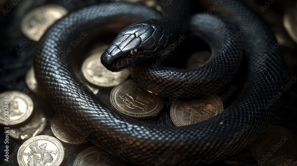 Fototapeta premium Black snake lying on a pile of gold coins representing financial issues