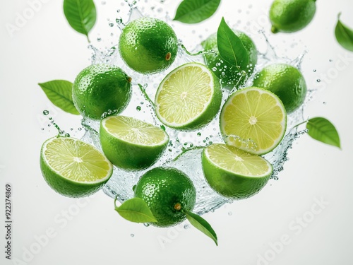 Dynamic shot of floating limes and lime slices with water splashes and green leaves The vibrant green color highlights the freshness and vitality of the fruit