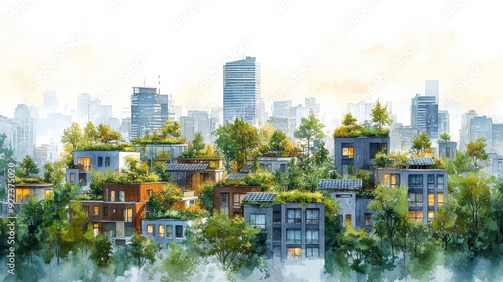 Modern eco-friendly cityscape with green rooftops and solar panels Modern eco-friendly cityscape with green rooftops and solar panels