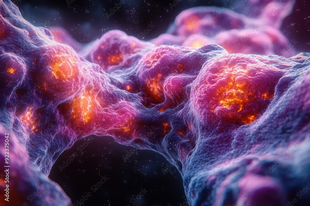 microscopic cancer cell cluster eerily beautiful cellular structures in vivid colors intricate patterns of mutated dna strands dark background suggesting ominous nature microscopic cancer cell cluster eerily beautiful cellular structures in vivid colors intricate patterns of mutated dna strands dark background suggesting ominous nature