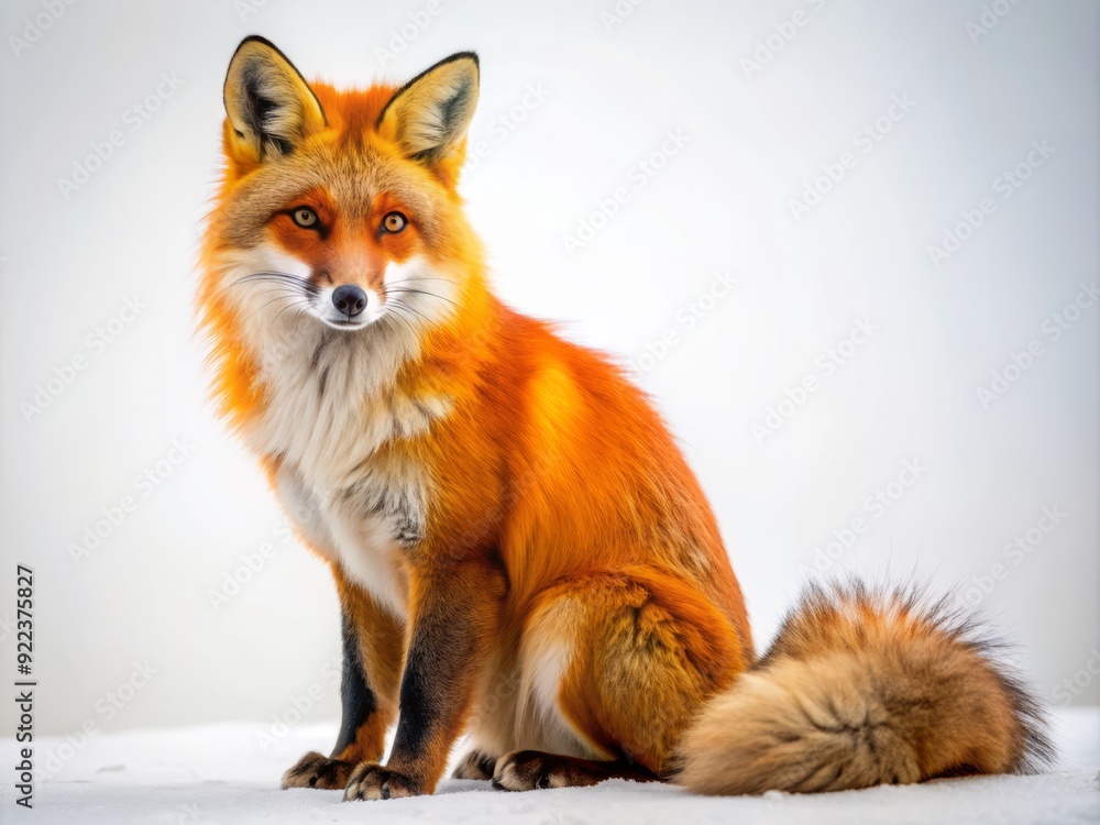 Fototapeta premium Vibrant orange red fox with bushy tail posing confidently in front of a clean isolated background, showcasing its striking fur and piercing gaze.