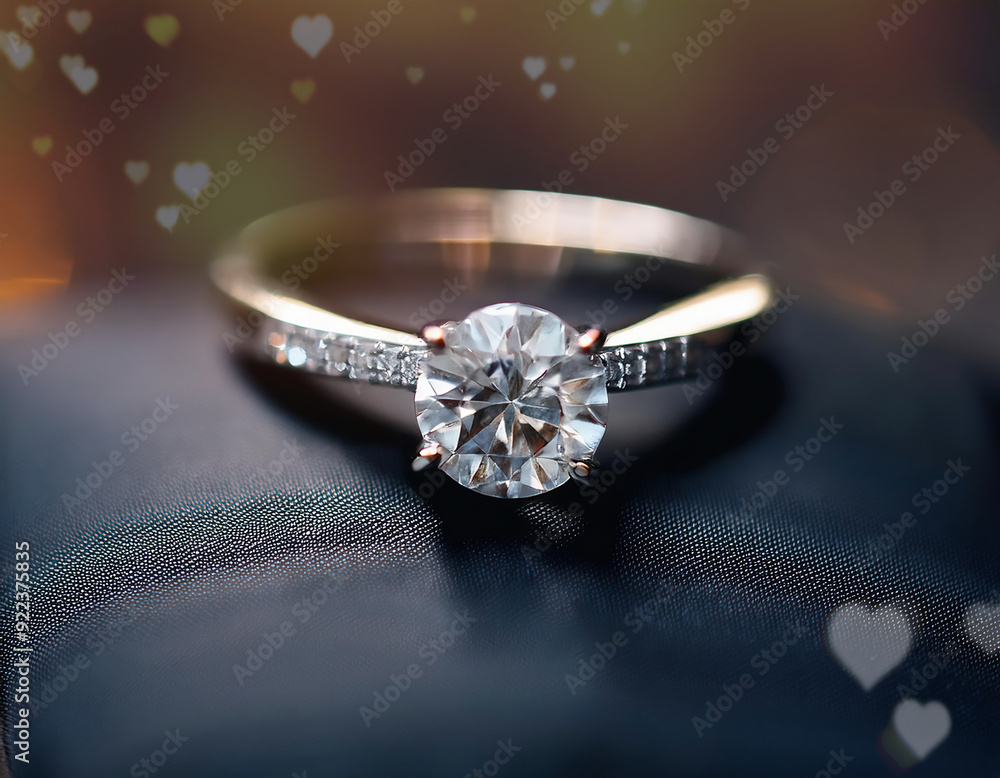 Jewelry ring with diamond on a dark background with bokeh hearts. Jewelry ring with diamond on a dark background with bokeh hearts.