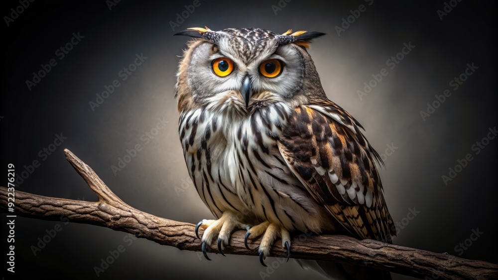 Fototapeta premium Majestic owl with piercing yellow eyes and soft, feathery plumage perches on a branch, set against a stark, isolated, dark gray background, showcasing its intricate details.