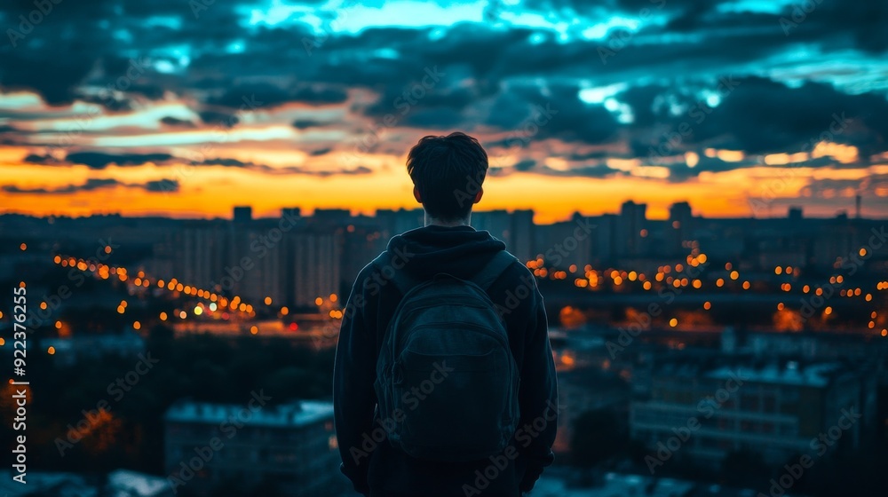 Scene focusing on city lights, through the dark shadow of a man, with a sense of determination and focus amidst the cityscape. The sky overhead has beautiful shades of blue and orange. Scene focusing on city lights, through the dark shadow of a man, with a sense of determination and focus amidst the cityscape. The sky overhead has beautiful shades of blue and orange.
