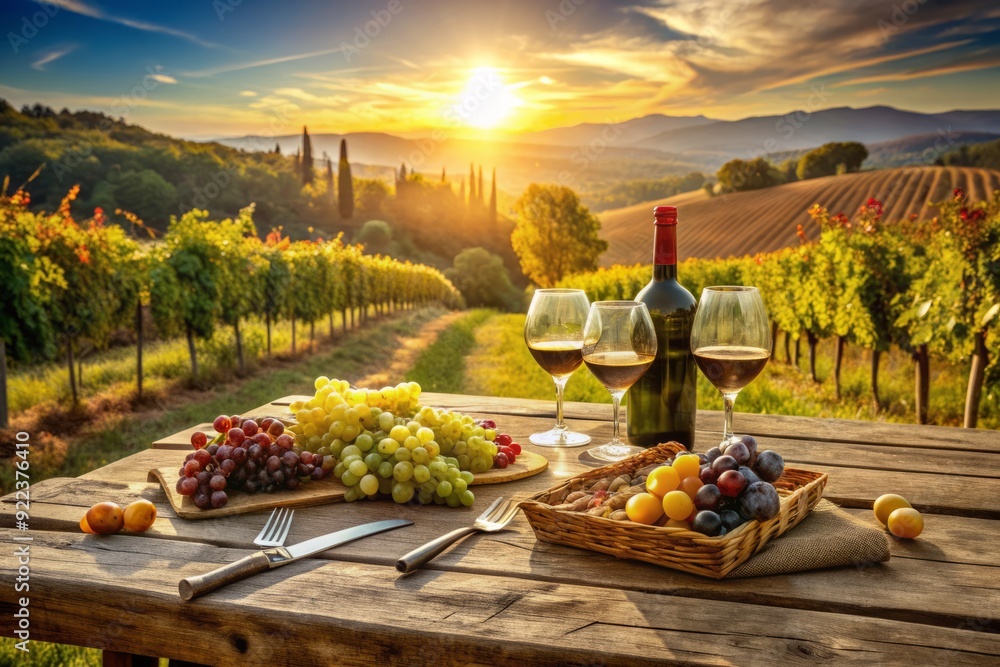 Obraz premium A rustic wooden table adorned with wine glasses, corkscrews, and a vine-ripened grape bunch, set amidst lush vineyard rows in sun-kissed Tuscany countryside.