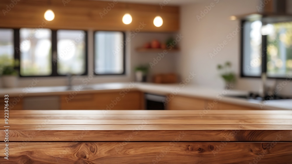 blurred modern kitchen background with copy space and an empty wood table blurred modern kitchen background with copy space and an empty wood table