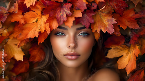 Autumn splendor captivating woman portrait adorned with colorful fall foliage crown