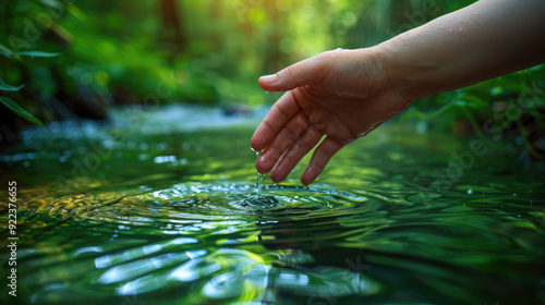 A hand touching the surface of pure green water blurred background