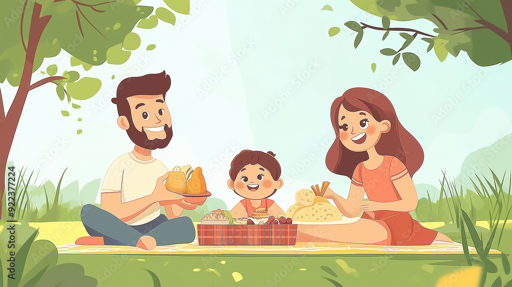 A happy family enjoying a picnic in the park, cartoon style A happy family enjoying a picnic in the park, cartoon style