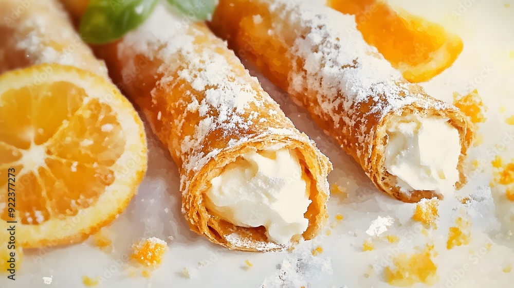 Close-up of two cannoli with powdered sugar and orange slices. Close-up of two cannoli with powdered sugar and orange slices.