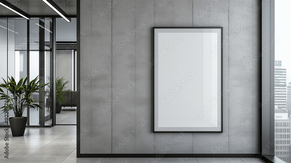 Modern office interior with large window and blank white poster frame on concrete wall. Empty copy space Modern office interior with large window and blank white poster frame on concrete wall. Empty copy space