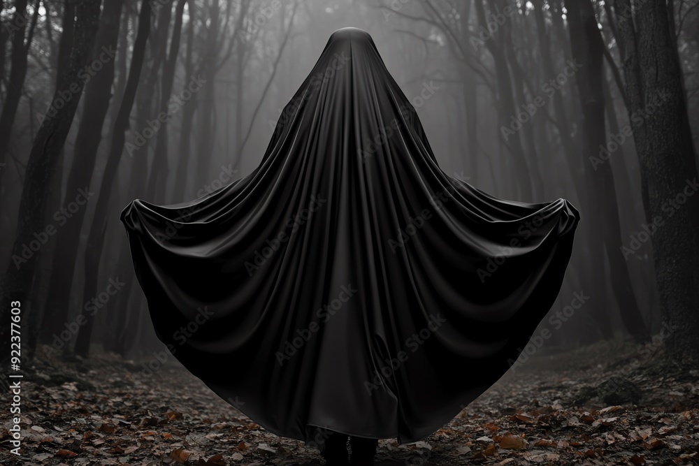 Mystical figure in black cloak standing in eerie, foggy forest, evoking mystery and supernatural elements. Mystical figure in black cloak standing in eerie, foggy forest, evoking mystery and supernatural elements.
