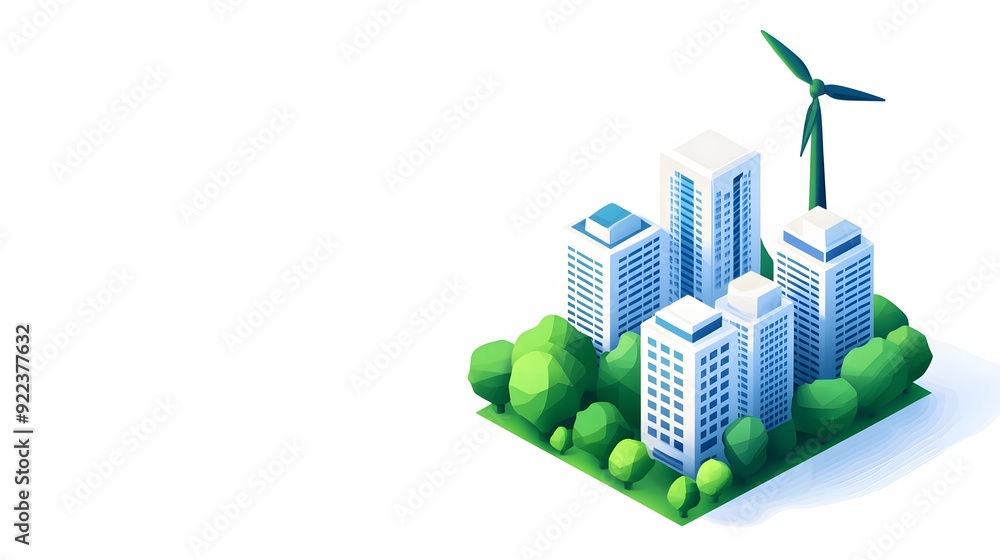 Isometric illustration of a modern city with wind turbine and green trees, representing sustainable development and clean energy. Isometric illustration of a modern city with wind turbine and green trees, representing sustainable development and clean energy.