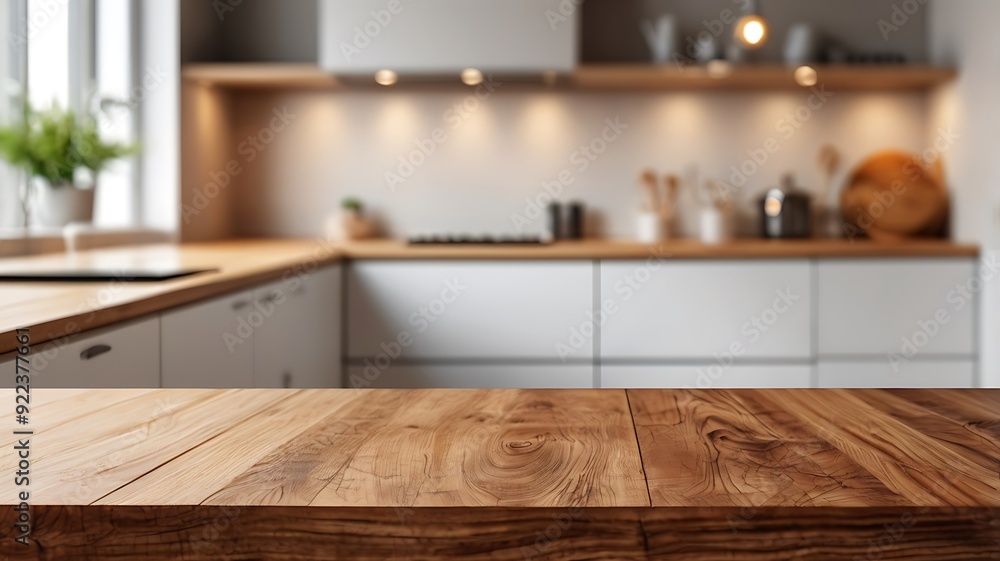 blurred modern kitchen background with copy space and an empty wood table blurred modern kitchen background with copy space and an empty wood table