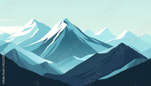 Alpine landscape, snowcapped peaks, serene view, flat design illustration
