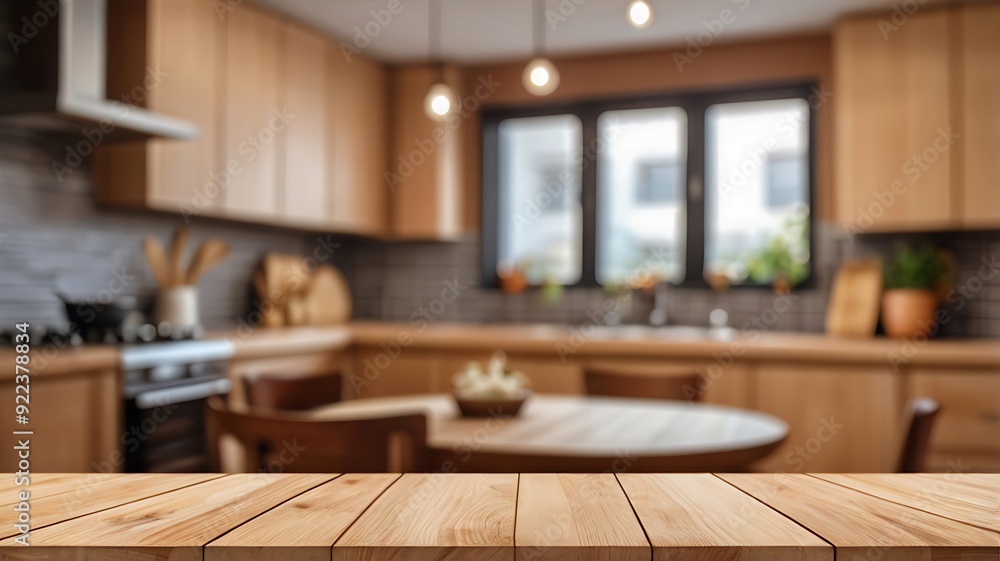 blurred modern kitchen background with copy space and an empty wood table blurred modern kitchen background with copy space and an empty wood table