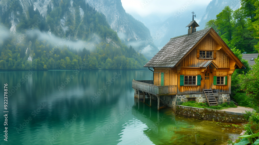 Wooden cabin by a serene lake surrounded by misty mountains Wooden cabin by a serene lake surrounded by misty mountains