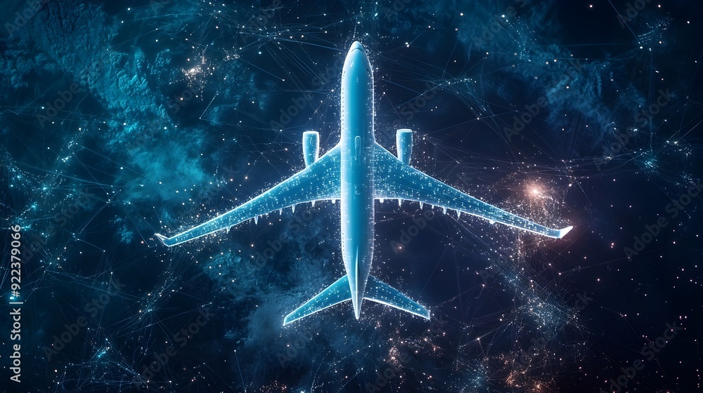 Aerial Airplane Surrounded by Flowing Digital Data Symbolizing Inflight Connectivity Aerial Airplane Surrounded by Flowing Digital Data Symbolizing Inflight Connectivity