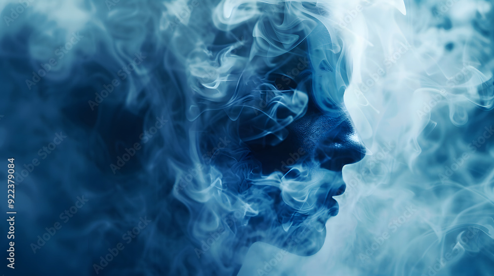 A conceptual background of the head with smoke and flowing patterns, symbolizing mystery or mental health in dark blue tones. A conceptual background of the head with smoke and flowing patterns, symbolizing mystery or mental health in dark blue tones.