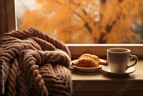 Obraz na płótnie warm cozy window arrangement, autumn concept, coffe throw, Generative AI w salonie