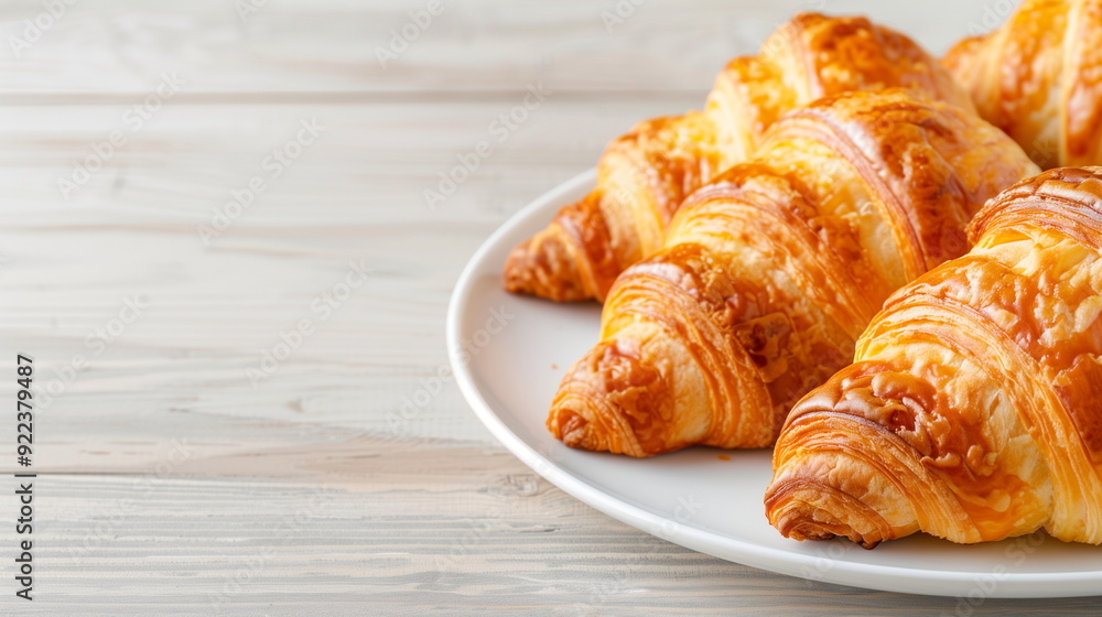 Freshly Baked Croissants Arranged on a White Plate on Wooden Table, Perfect for Breakfast, Bakery Display, or Cafe Promotion, Highlighting Golden, Flaky Crust Texture, Home Cooking Concept Freshly Baked Croissants Arranged on a White Plate on Wooden Table, Perfect for Breakfast, Bakery Display, or Cafe Promotion, Highlighting Golden, Flaky Crust Texture, Home Cooking Concept