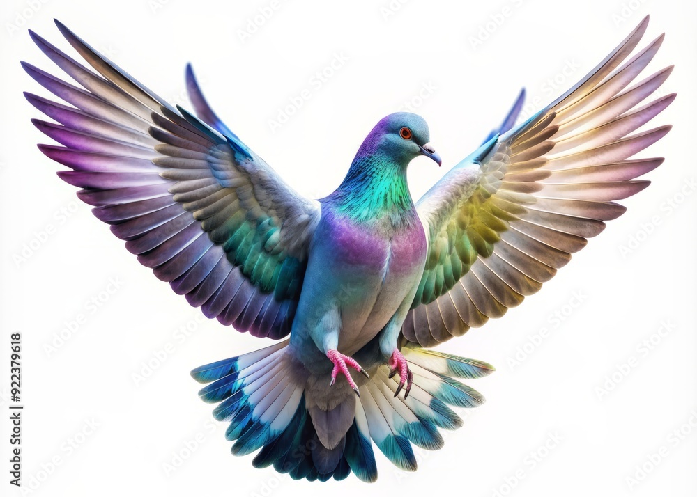 Fototapeta premium Majestic pigeon spreads wings, soaring elegantly in mid-air, its iridescent feathers glistening, set against a transparent background, exuding freedom and serenity in perfect flight.
