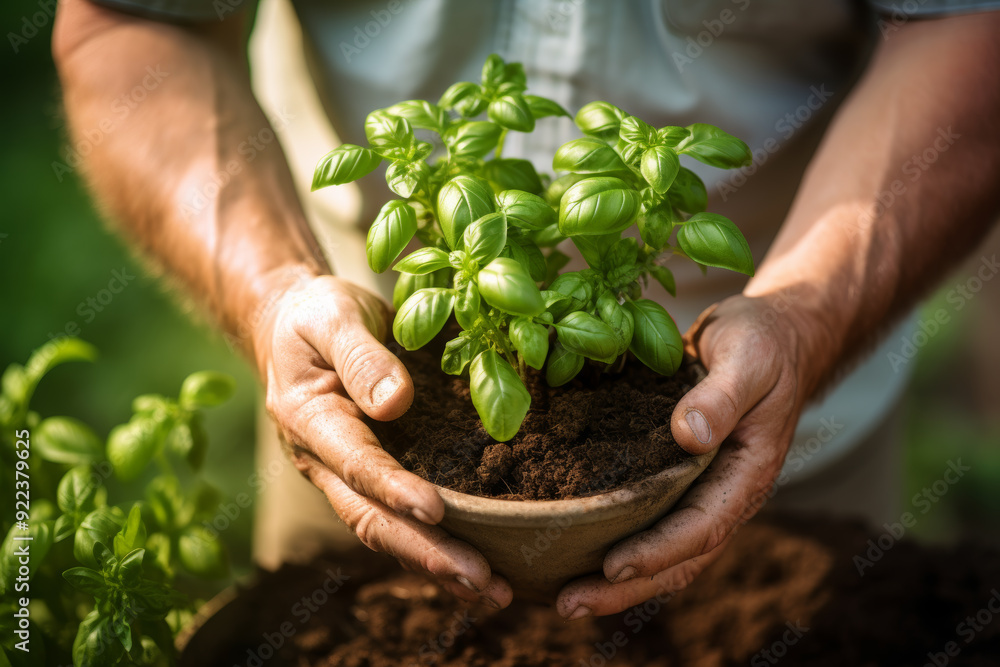 mature man gardener working in garden planting herbs basil, Generative AI