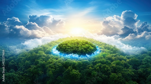 World Meteorological Day symbol in vibrant blue, prominently displayed above a lush forest with clouds forming weather patterns, sunlight photo