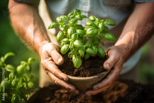 Obraz na płótnie mature man gardener working in garden planting herbs basil, Generative AI w salonie