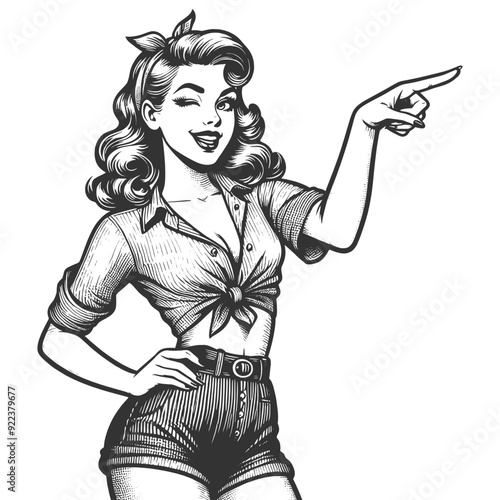 pin-up woman winking and playfully pointing, classic fashion with a headband sketch engraving generative ai fictional character vector illustration. Scratch board imitation. Black and white image.