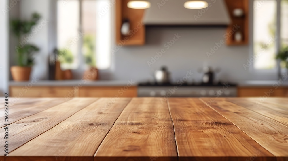blurred modern kitchen background with copy space and an empty wood table blurred modern kitchen background with copy space and an empty wood table