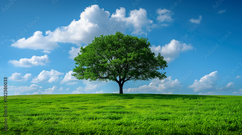 Lone tree standing on a green hill under a bright blue sky with fluffy clouds Lone tree standing on a green hill under a bright blue sky with fluffy clouds