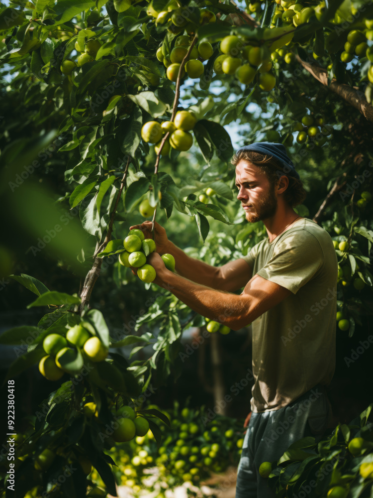 young man farmer gardener picking limes from tree in a fruit garden, Generative AI young man farmer gardener picking limes from tree in a fruit garden, Generative AI