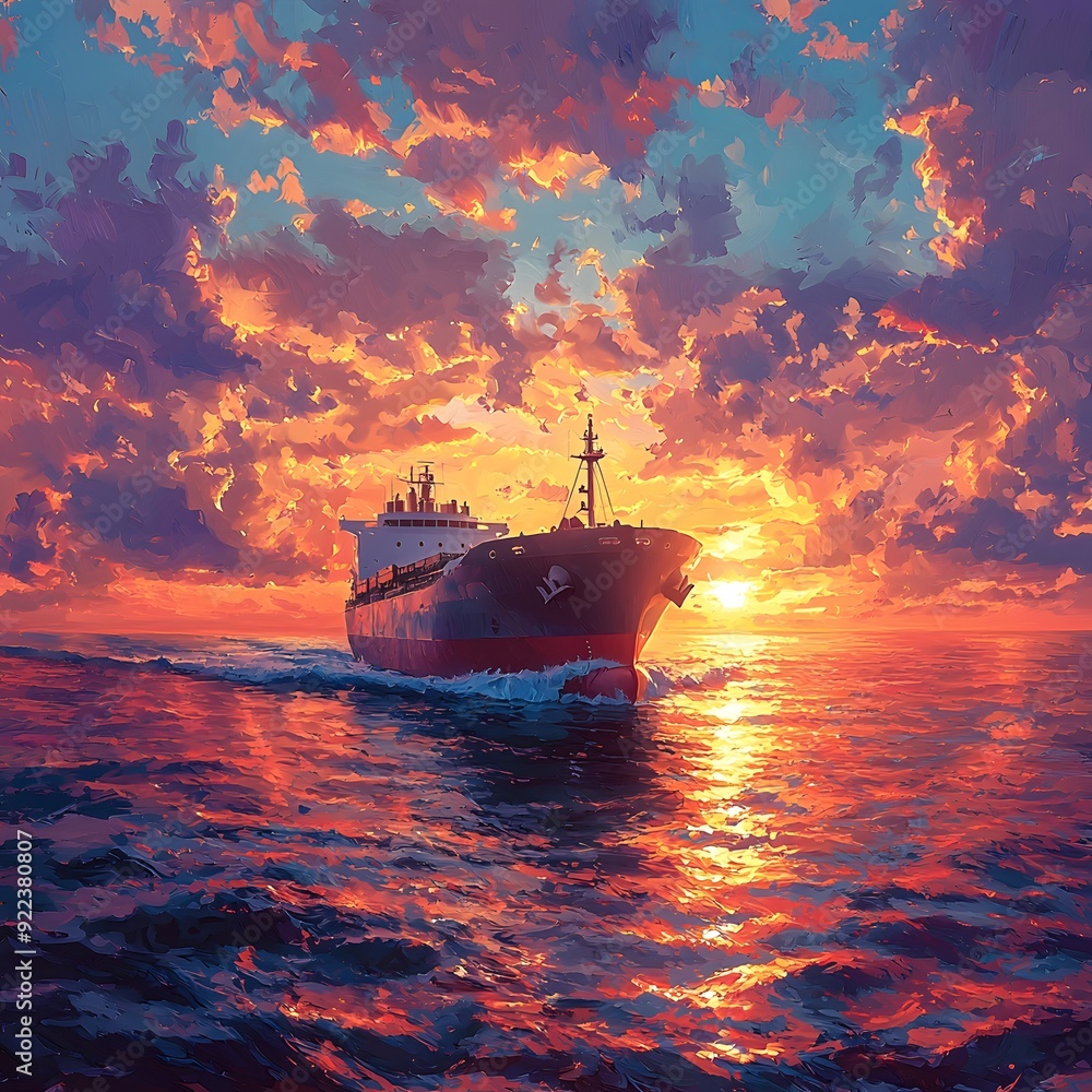 A cargo ship sails through a vibrant sunset, leaving a trail of wake in its path. The sky is ablaze with fiery hues, creating a breathtaking scene of nature and industry. A cargo ship sails through a vibrant sunset, leaving a trail of wake in its path. The sky is ablaze with fiery hues, creating a breathtaking scene of nature and industry.